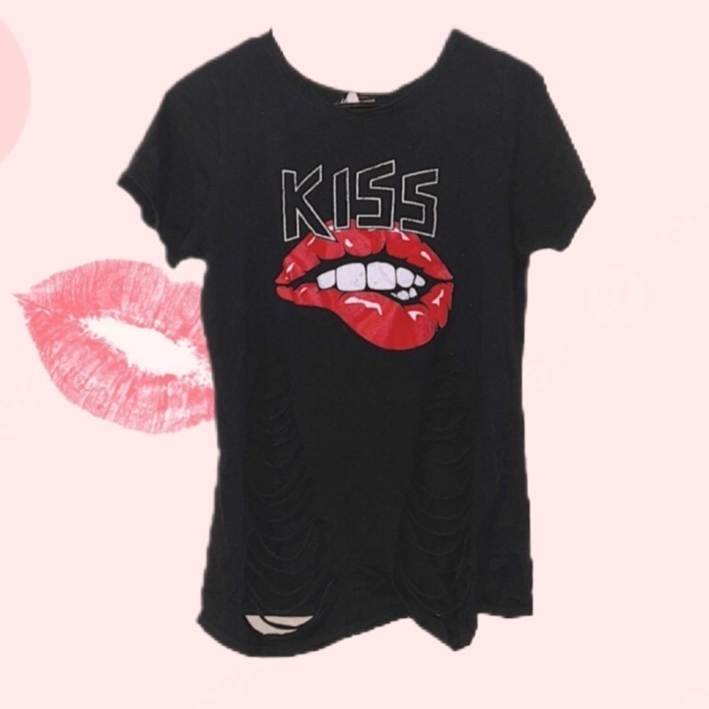 FASHION NOVA KISS LIPS DISTRESSED RIPPED LONG TEE PUNK SHIRT DRESS ALT